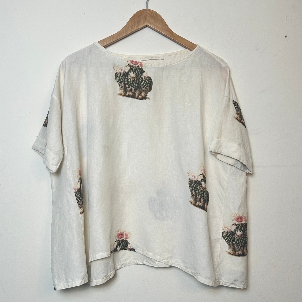 Creatures of Comfort Top Casual 2 Cream Silk Linen Cactus Print Boho Summer
